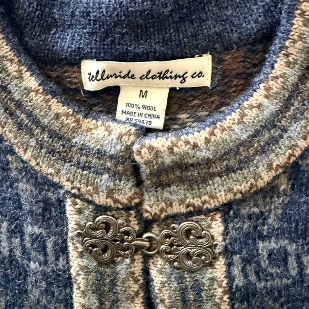 TELLURIDE CLOTHING NWT 100% Wool Nordic Clasp Closure Cardigan Sweater M Blue - Picture 3 of 6